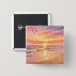 Badge Carré 5 Cm Coucher de soleil sur la plage avec des oiseaux