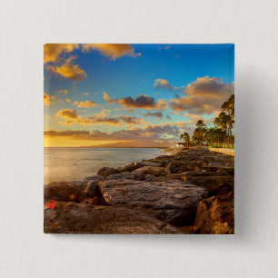Badge Carré 5 Cm Coucher du soleil d'océan au-dessus des roches et