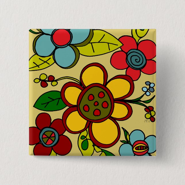 Badge Carré 5 Cm Couleurs urbaines de rétros fleurs (Devant)