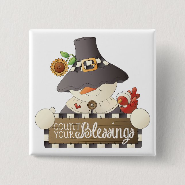 Badge Carré 5 Cm Count Your Blessings Snowman Pilgrim (Devant)
