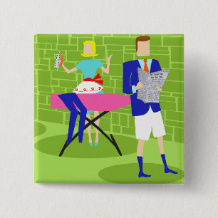 Badge Carré 5 Cm Couple de dessin rétro au bouton Accueil