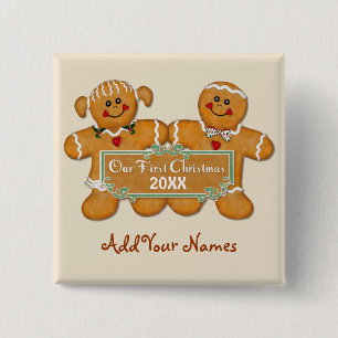Badge Carré 5 Cm Couple de pain d'épices Premier Noël
