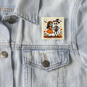 Badge Carré 5 Cm Couple de squelette d'Halloween mignon en orange