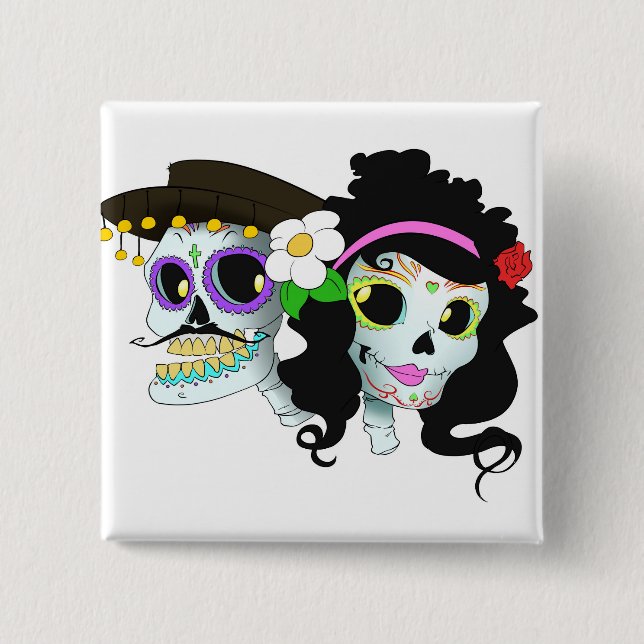 Badge Carré 5 Cm Couples de fête mexicains de crâne (Devant)