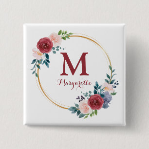 Badge Carré 5 Cm Couronne de Rose de Bourgogne Monogramme et nom pe
