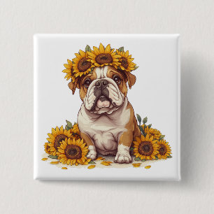 Badge Carré 5 Cm Couronne de tournesol de Bouledogue anglais