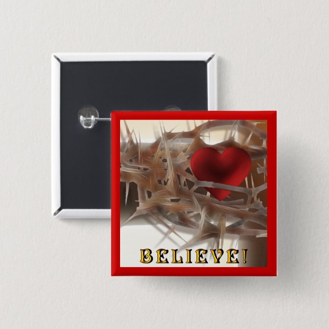 Badge Carré 5 Cm Couronne d'épines et bouton du coeur (Devant & derrière)