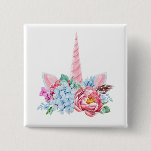 Badge Carré 5 Cm Couronne florale de licorne d'aquarelle
