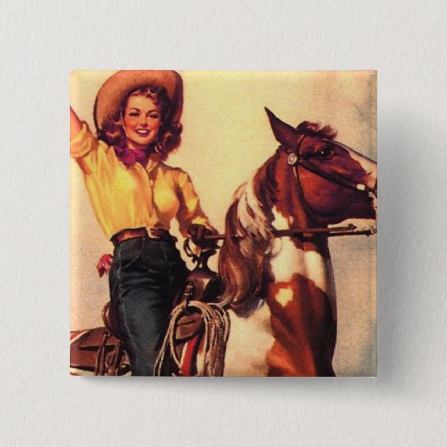 Badge Carré 5 Cm Cow-girl sur son cheval (Devant)
