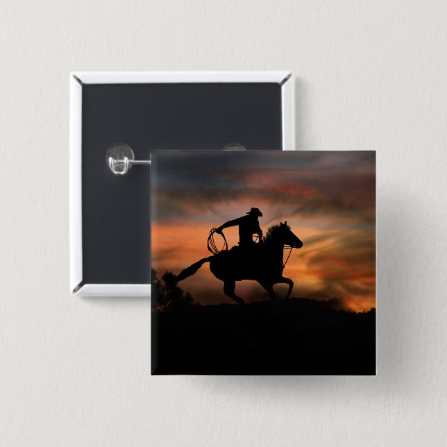 Badge Carré 5 Cm Cowboy et Cheval courir au coucher du soleil (Devant & derrière)