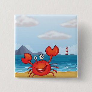 Badge Carré 5 Cm Crabe heureux sur la plage avec un phare