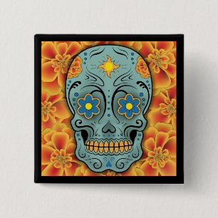 Badge Carré 5 Cm Crâne à sucre - Jour des Morts (Marigold)