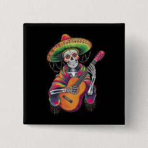 Badge Carré 5 Cm Crâne de squelette de la fête Cinco De Mayo Guitar