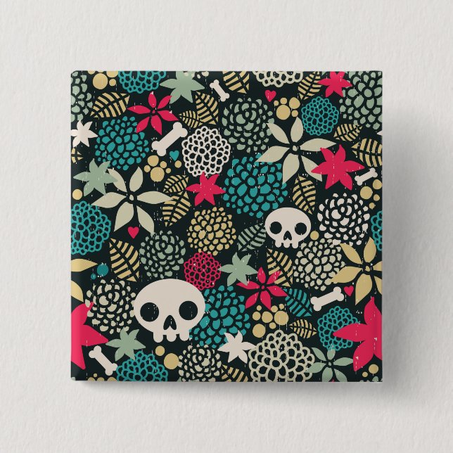 Badge Carré 5 Cm Crâne en fleurs (Devant)