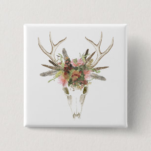 Badge Carré 5 Cm Crâne et fleurs de cerfs