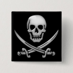 Badge Carré 5 Cm Crâne et os croisés de l'épée et du pirate de verr