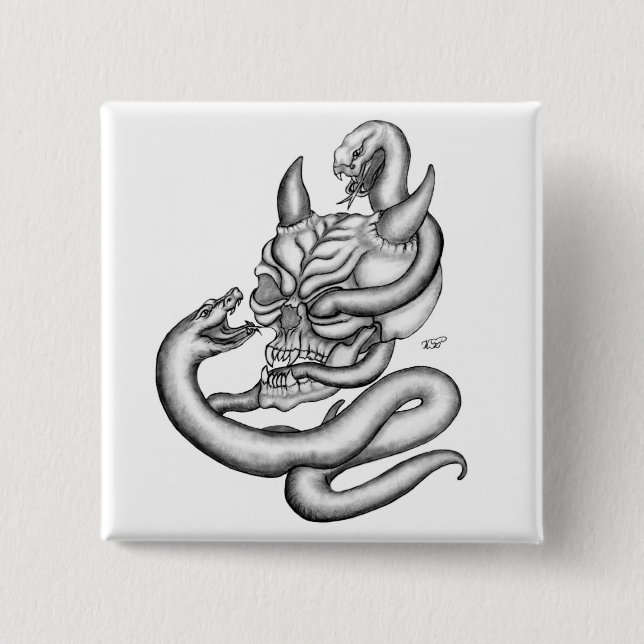 Badge Carré 5 Cm Crâne - têtes de diable avec serpent (Devant)