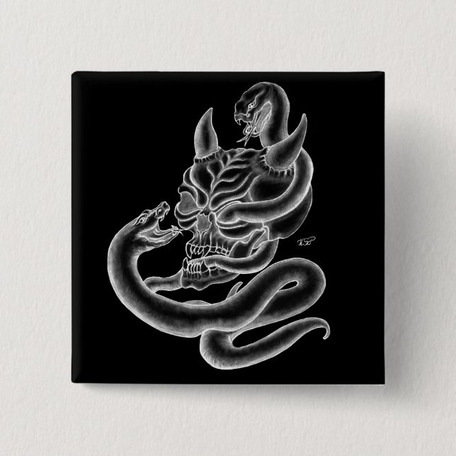 Badge Carré 5 Cm Crâne - têtes de diable avec serpent (Devant)