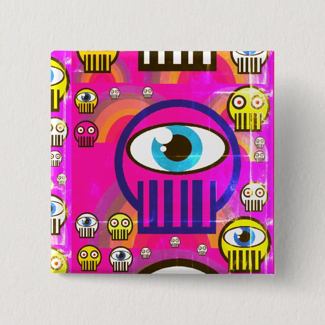 Badge Carré 5 Cm Crânes mignons et bouton ON étranger de crânes (Devant)