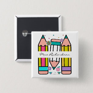 Badge Carré 5 Cm Crayon de nom d'enseignant de dessin animé coloré 