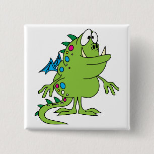 Badge Carré 5 Cm créature de monstre dragon vert mignon