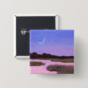 Badge Carré 5 Cm Crescent Moon & Heron Twilight Marsh