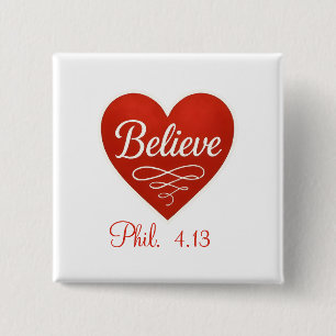 Badge Carré 5 Cm Croire cœur rouge et blanc