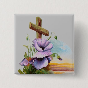Badge Carré 5 Cm Croix De Bois Aux Fleurs Violettes