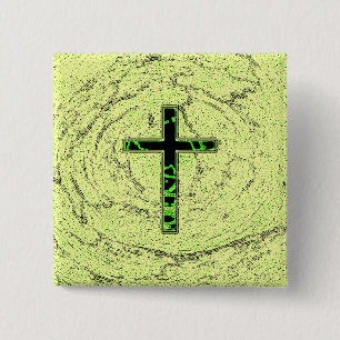 BADGE CARRÉ 5 CM CROIX NOIRE ET VERTE AVEC ARRIÈRE - PLAN EN MARBRE