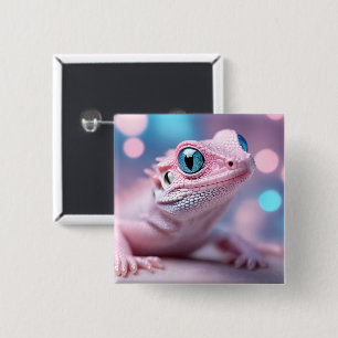 Badge Carré 5 Cm Cuisine Petit Lézard Rose aux Grands Yeux Bleus