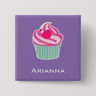 Badge Carré 5 Cm Cupcake rose personnalisé avec cerise Pointe Polka