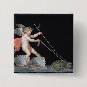 Badge Carré 5 Cm Cupidon mené par les tortues (huile sur le