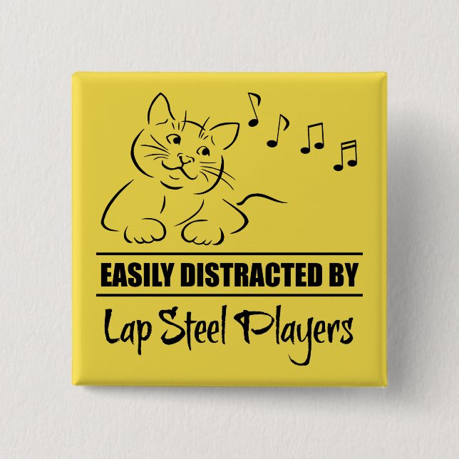 Badge Carré 5 Cm Curious Cat facilement distrait par Lap Steel Play (Devant)