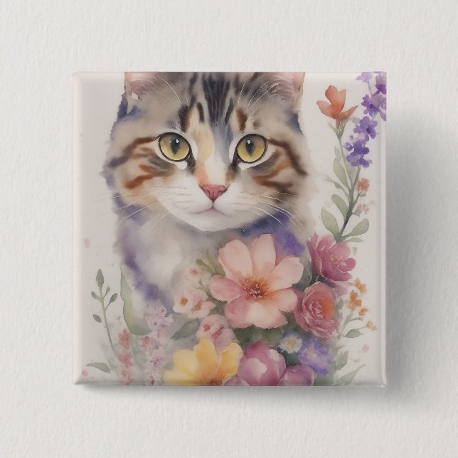Badge Carré 5 Cm Cute Aquarelle Florale Chat (Devant)