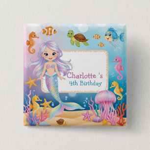 Badge Carré 5 Cm Cute arc-en-ciel mermaid poisson hippocampe Annive