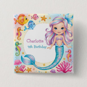 Badge Carré 5 Cm Cute arc-en-ciel mermaid poisson hippocampe Annive