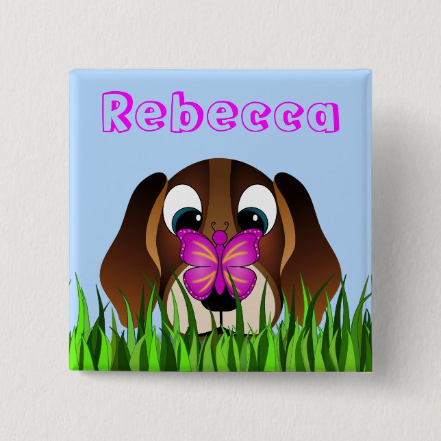 Badge Carré 5 Cm Cute Beagle Puppy Dog and Butterfly Girls Name (Devant)
