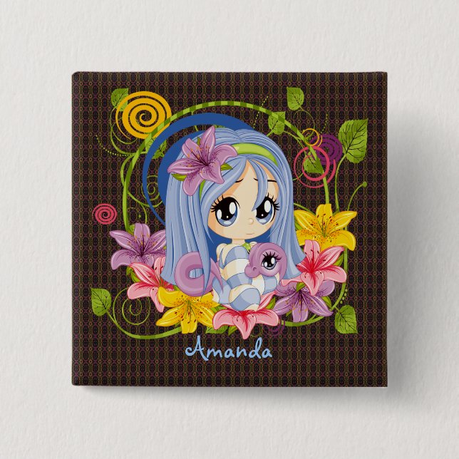 Badge Carré 5 Cm Cute Big Eyed Chibi Dragon Fée (Devant)