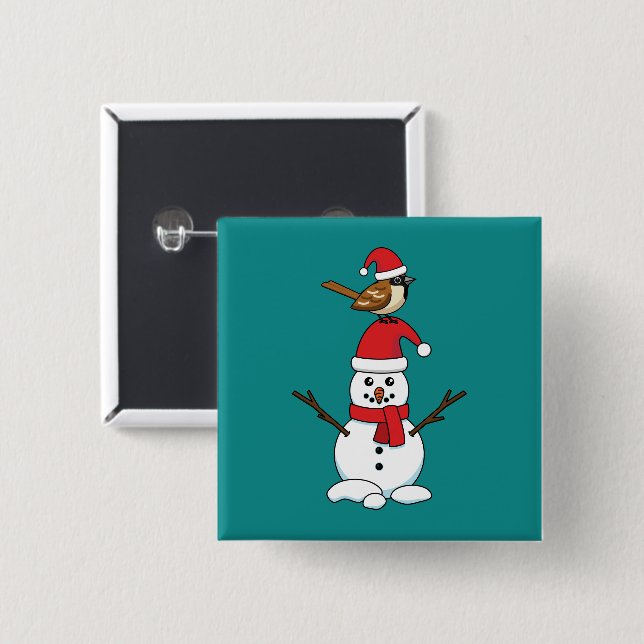 Badge Carré 5 Cm Cute Bruant sur Snowman (Devant & derrière)