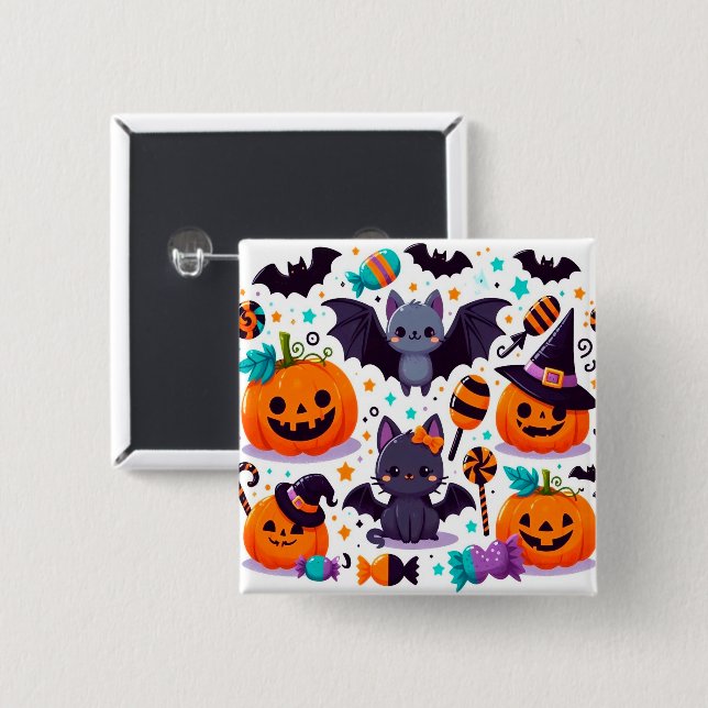 Badge Carré 5 Cm Cute cat bat halloween party (Devant & derrière)