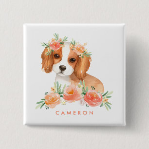 Badge Carré 5 Cm Cute Cavalier King Charles Spaniel Orange Floral