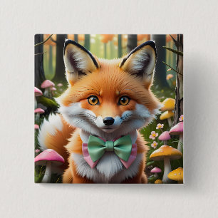 Badge Carré 5 Cm Cute Fox avec arc vert et rose