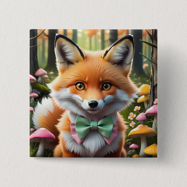 Badge Carré 5 Cm Cute Fox avec arc vert et rose (Devant)