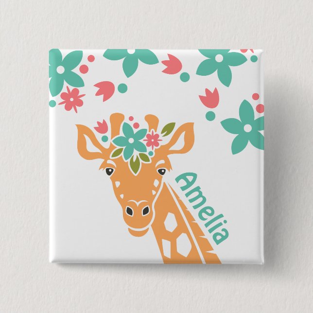 Badge Carré 5 Cm Cute Giraffe avec Flower Crown Personalised (Devant)
