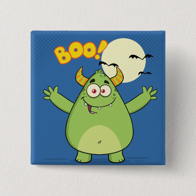 Badge Carré 5 Cm Cute Green Monster Halloween Boo (Devant)