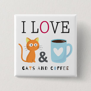 Badge Carré 5 Cm Cute I Love Chats et Café Blanc