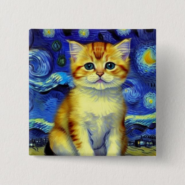 Badge Carré 5 Cm Cute Kitten Starry Night Van Gogh (Devant)