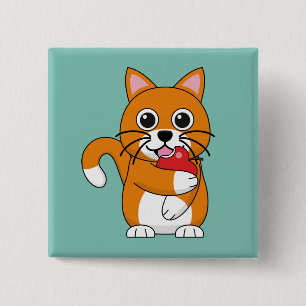 Badge Carré 5 Cm Cute Orange Blanc Chat Manger Rouge Pomme Carton