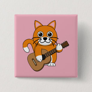 Badge Carré 5 Cm Cute Orange Chat Blanc Jouer Caricature Guitare