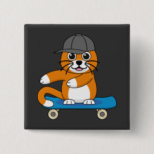 Badge Carré 5 Cm Cute Orange Chat sur Skateboard Cartoon